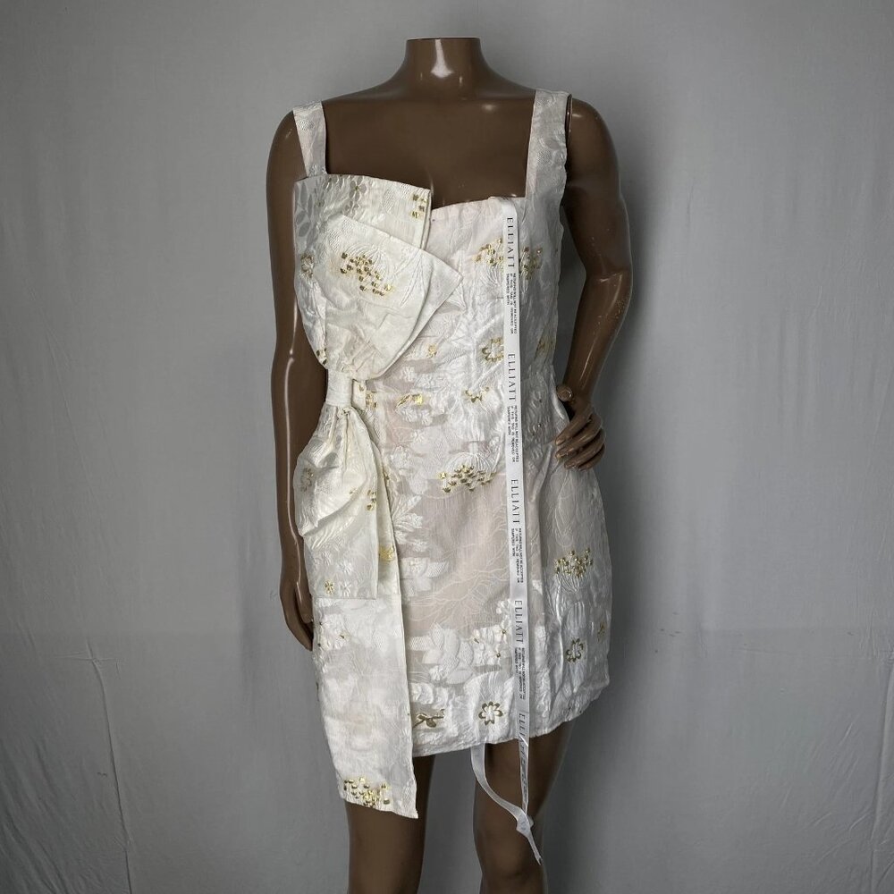 NEW ELLIATT Octavia acquard Mini Dress – Size S – Ivory/Gold with Large Bow